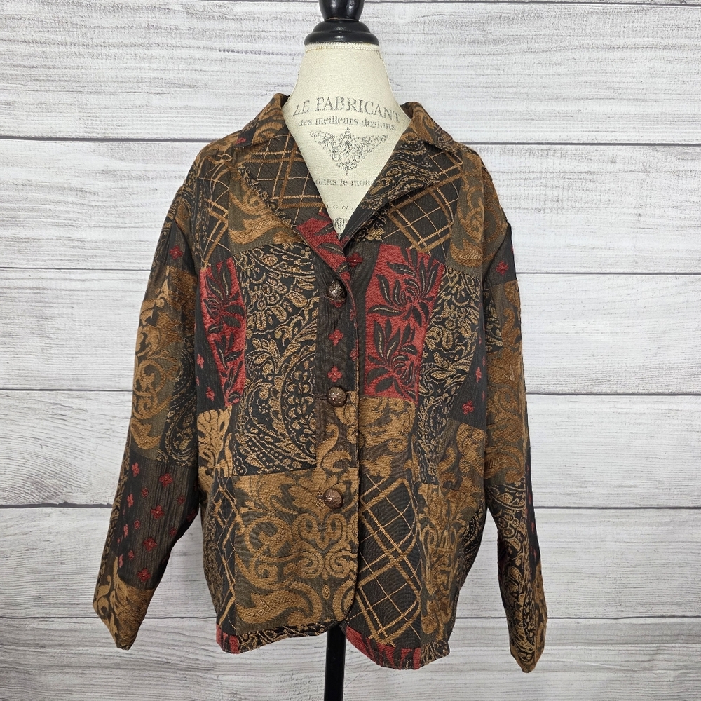 Erin London Vintage Womens Patchwork Tapestry Jacket Coat